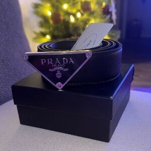 Prada Black Leather Belt with Silver Buckle